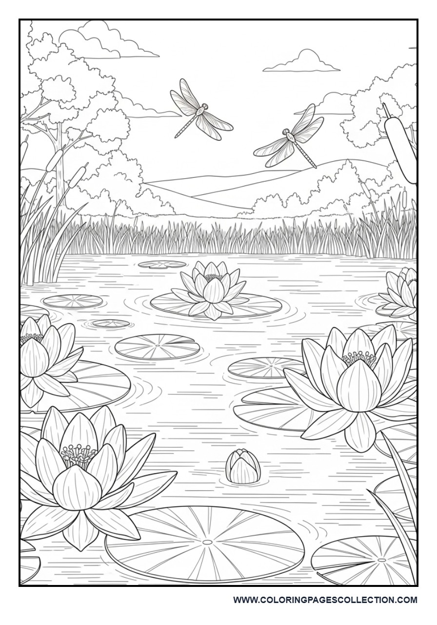 Realistic Lily Pond Coloring Page