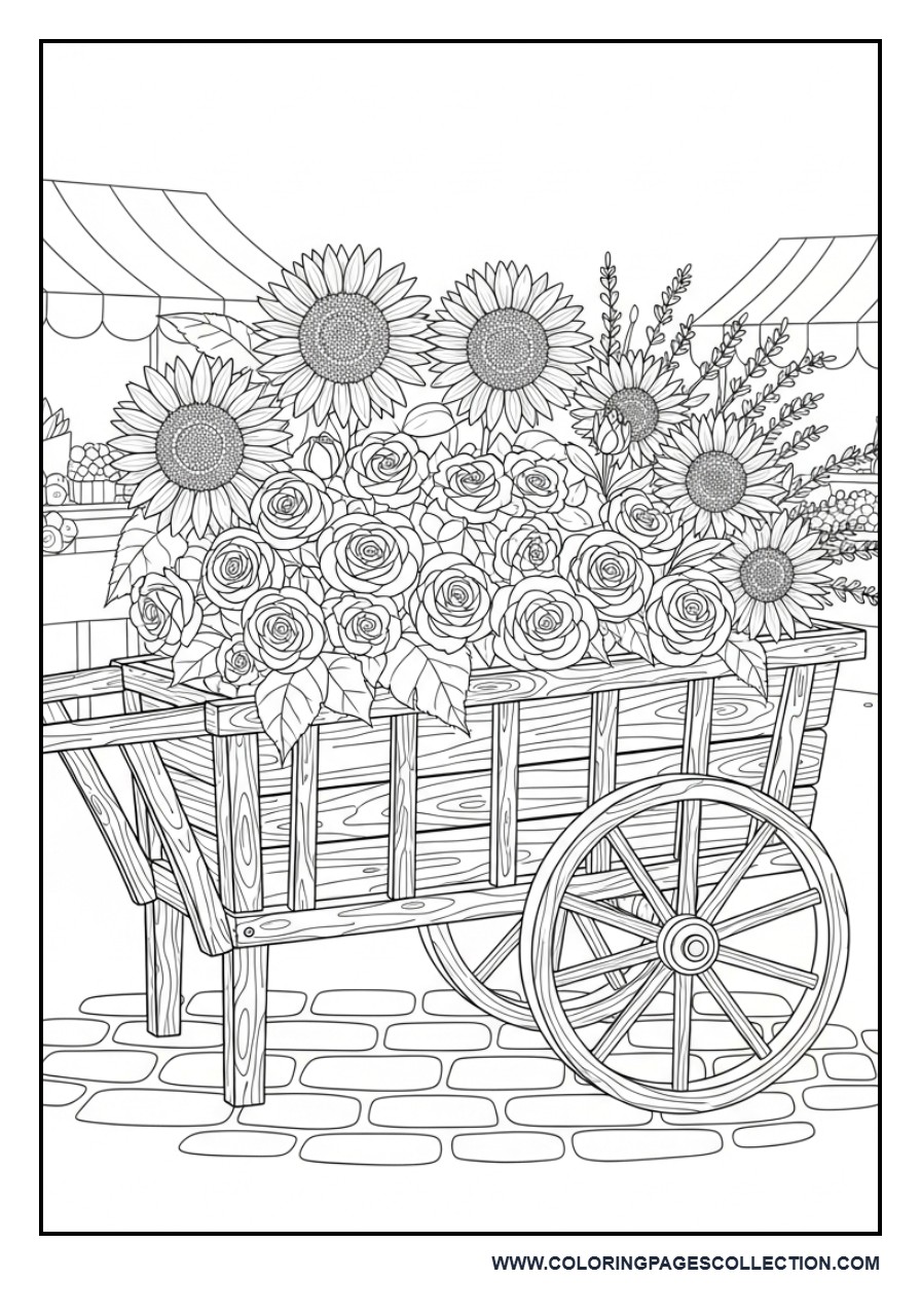 Rustic Flower Cart Coloring Page
