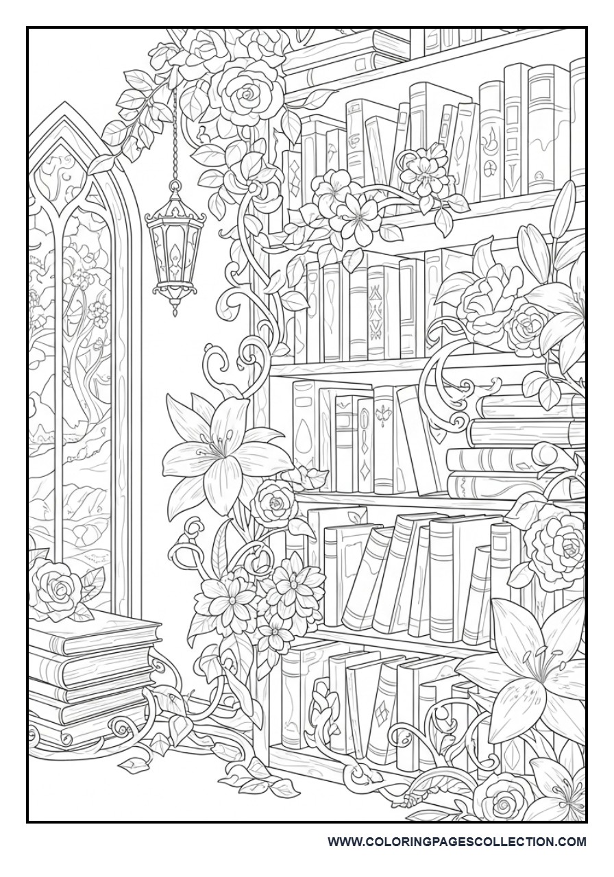 Secret Floral Library Coloring Page