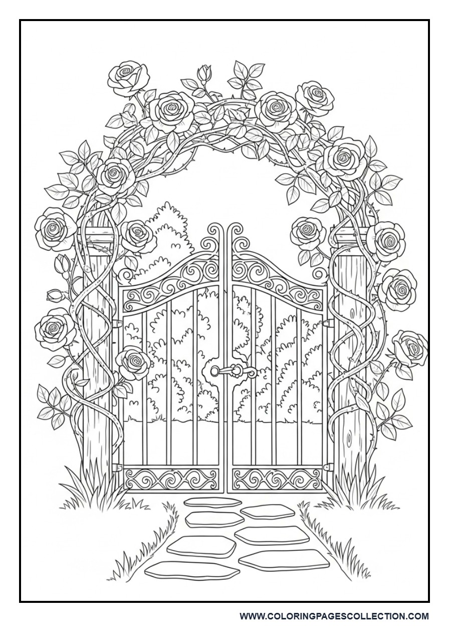 Secret Garden Floral Gate Coloring Page