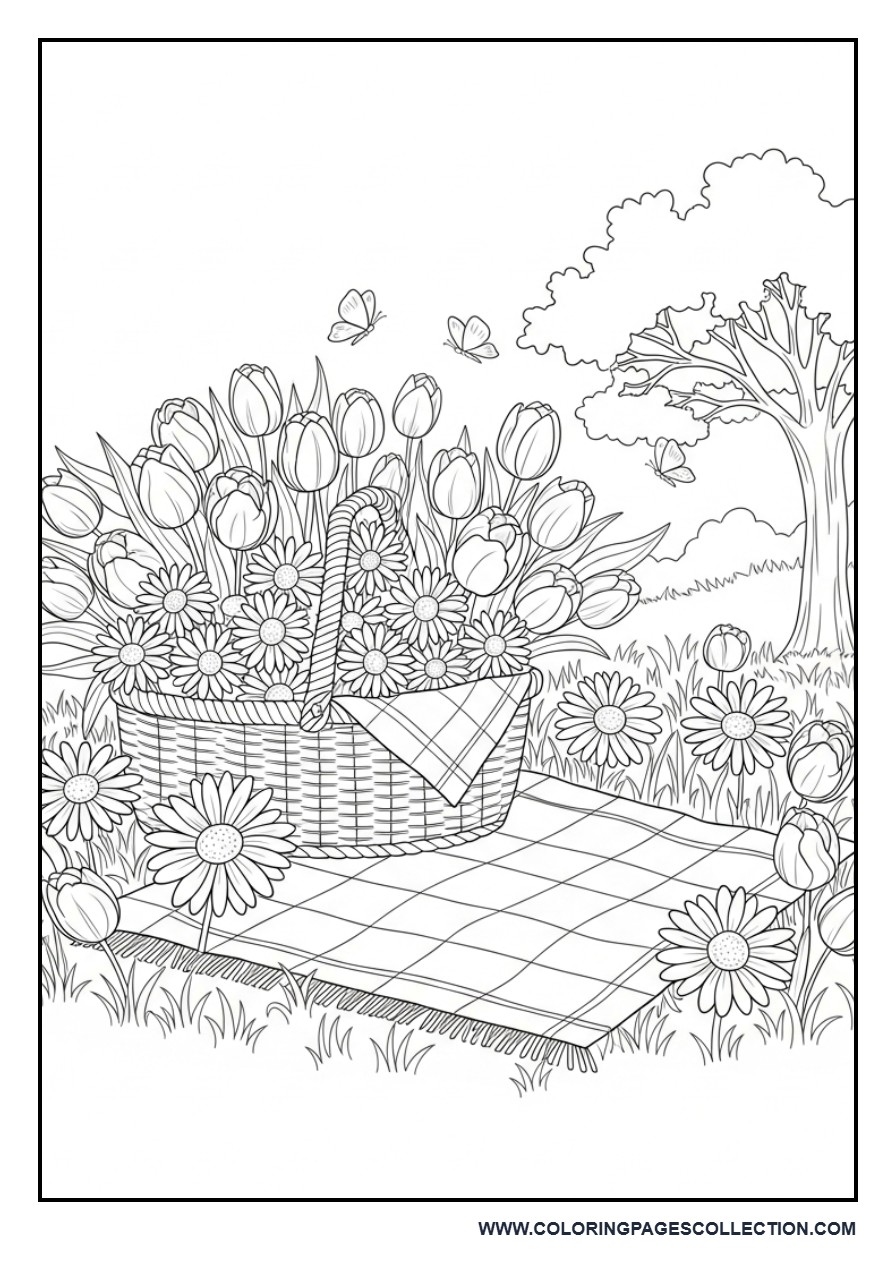 Spring Picnic Flower Coloring Page