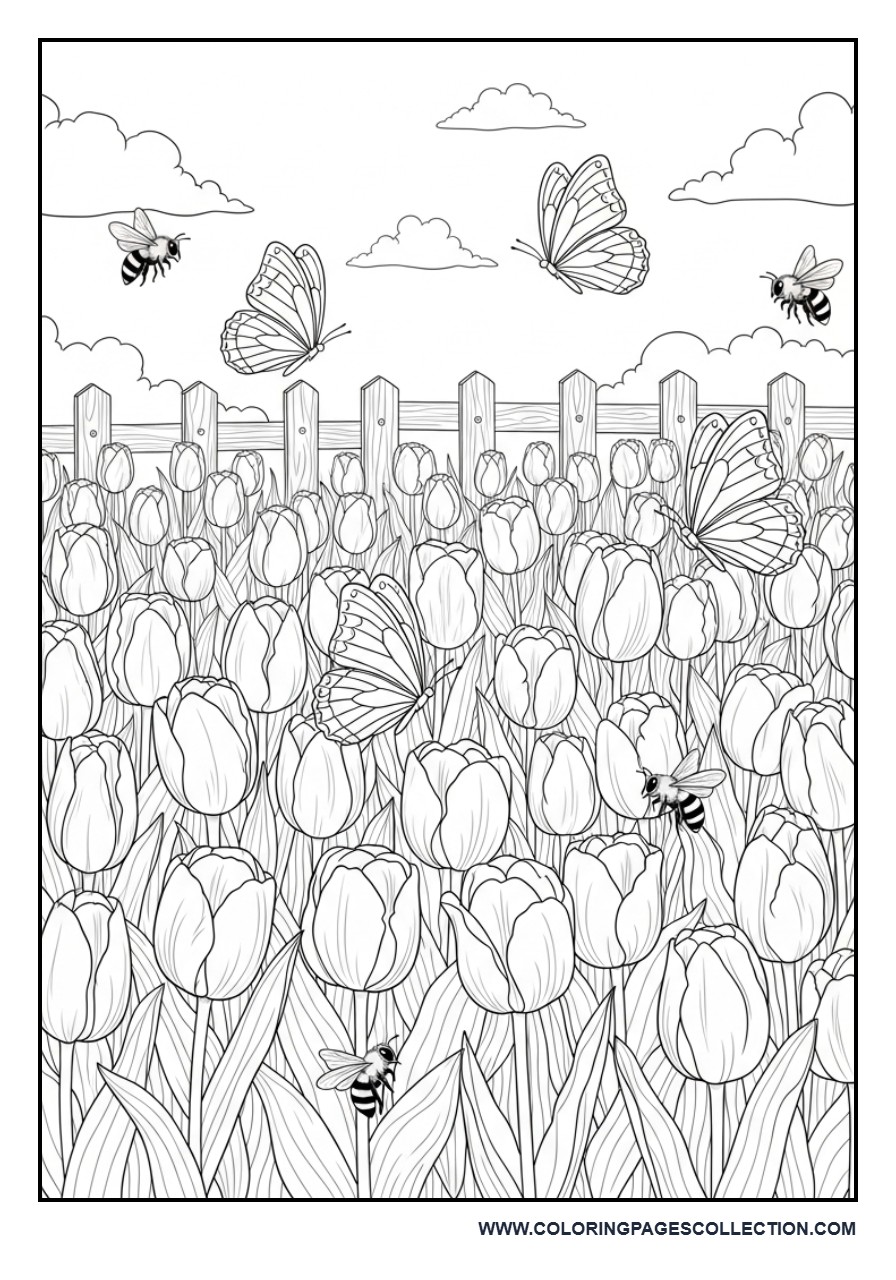 Spring Tulip Garden Coloring Page