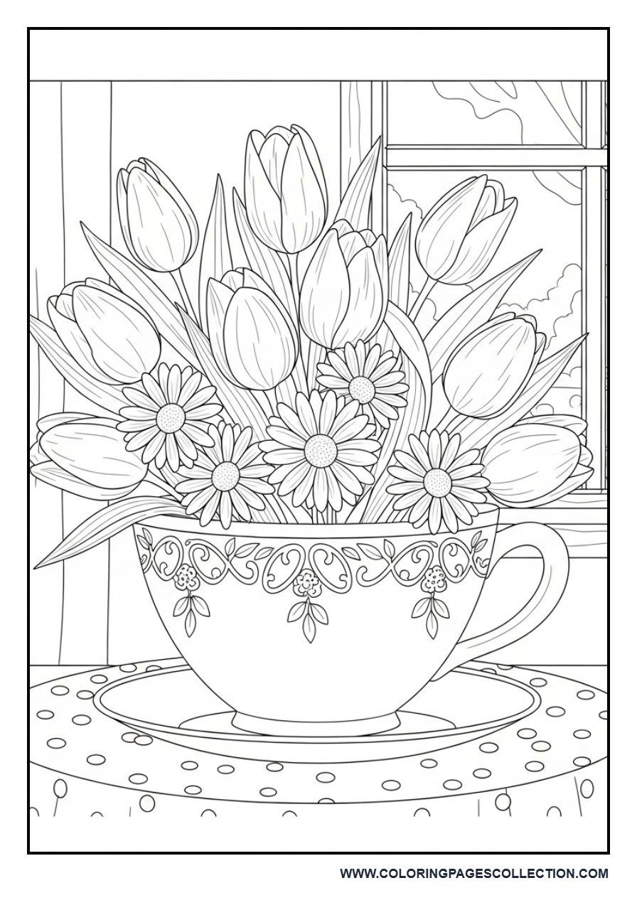 Tea Cup Flower Arrangement Coloring Page