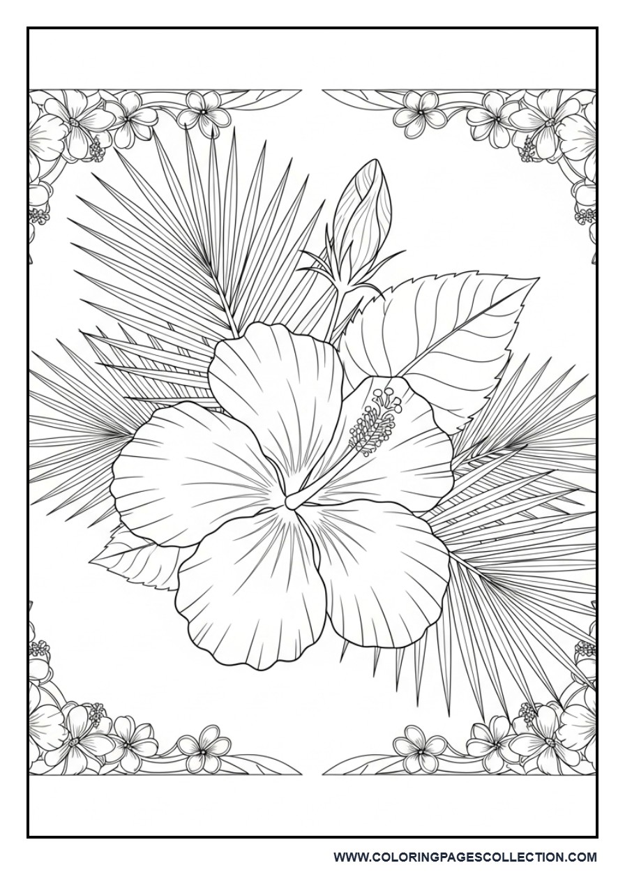 Tropical Hibiscus Pattern Coloring Page