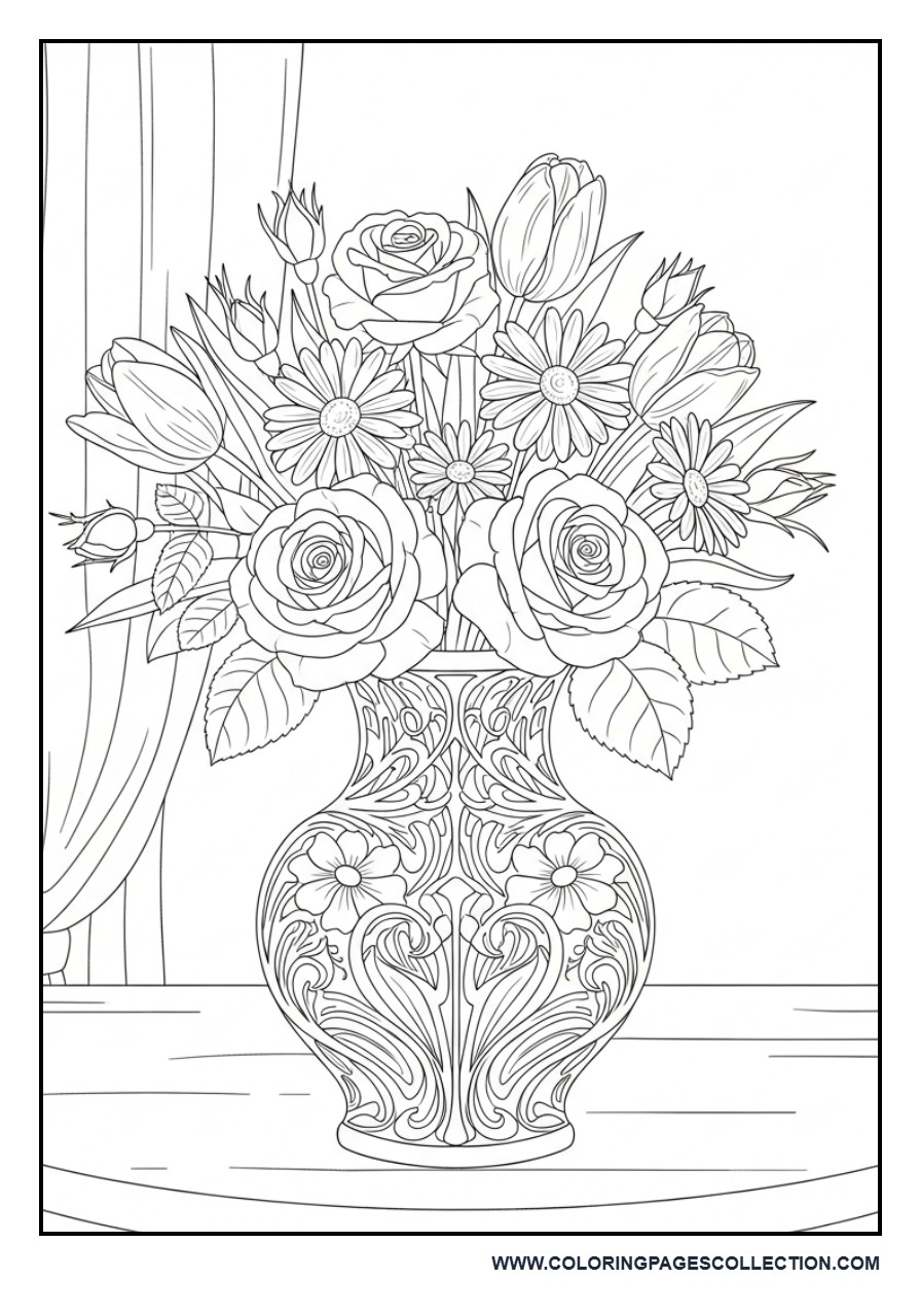 Vintage Flower Vase Coloring Page