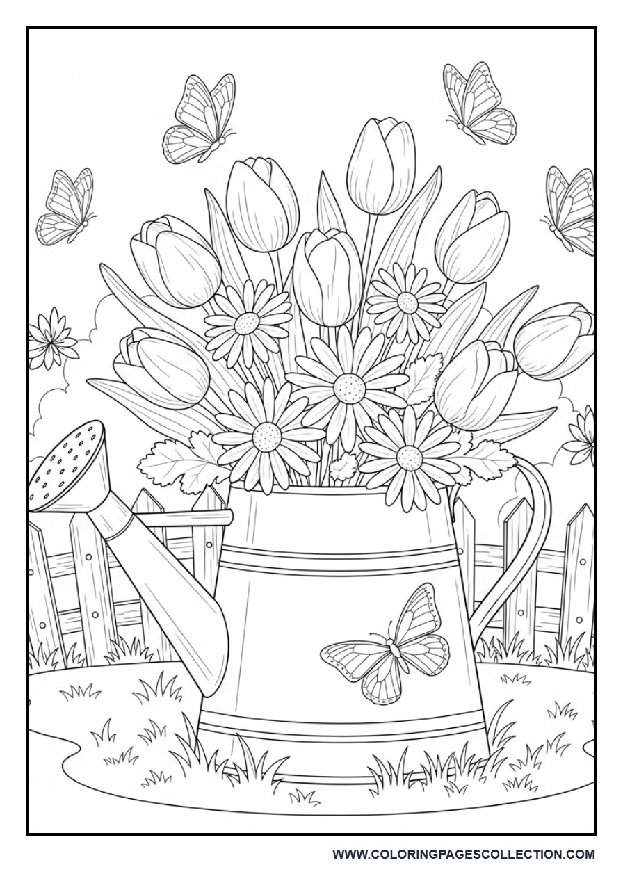 Watering Can Flower Garden Coloring Page