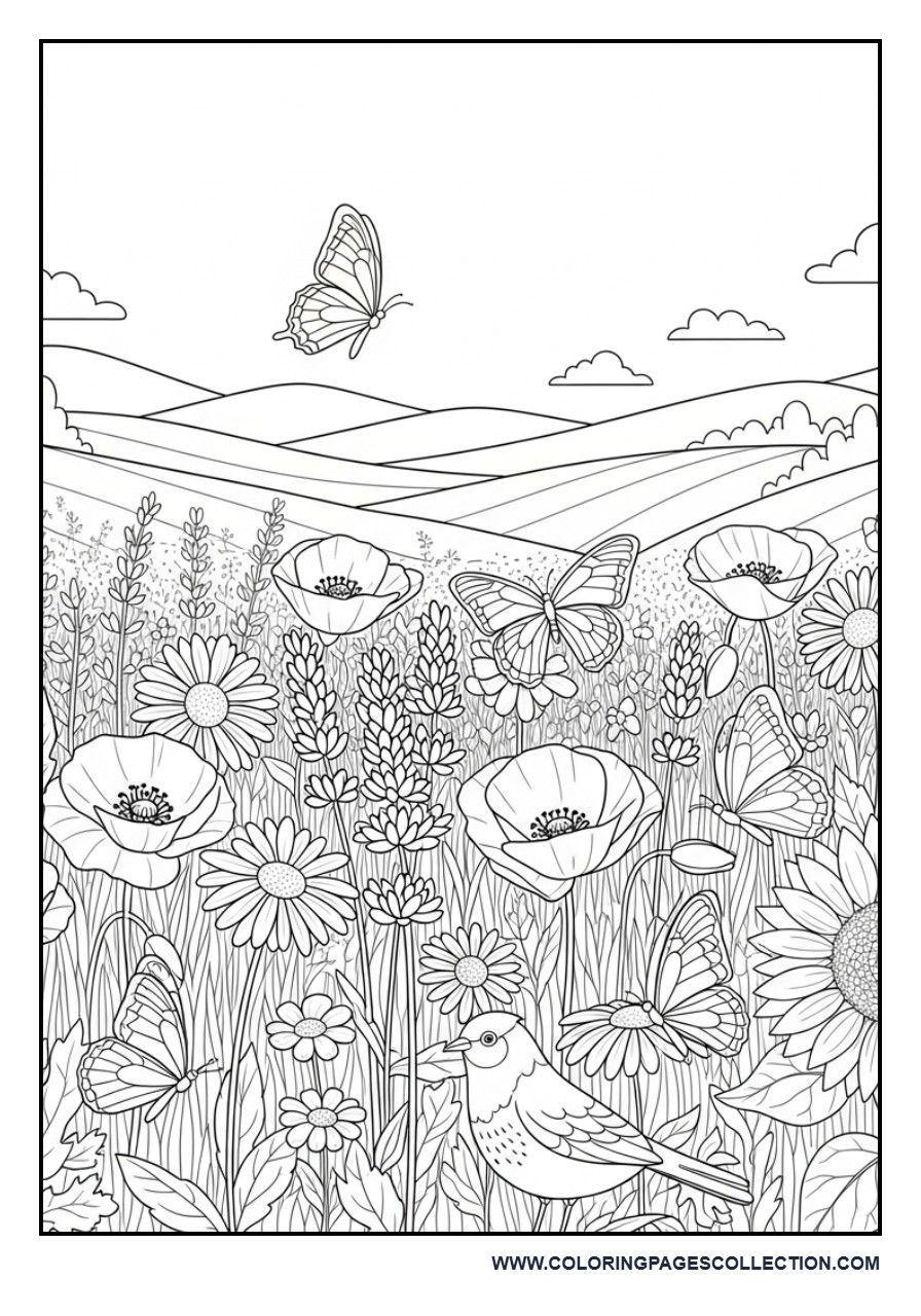 Wildflower Nature Scene Coloring Page