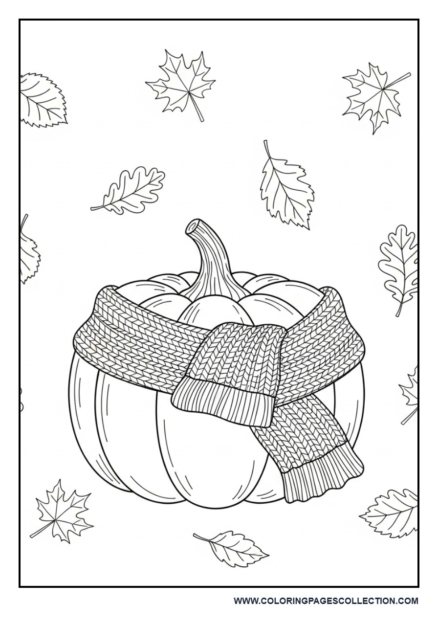Pumpkin and Scarf with Leaves Falling