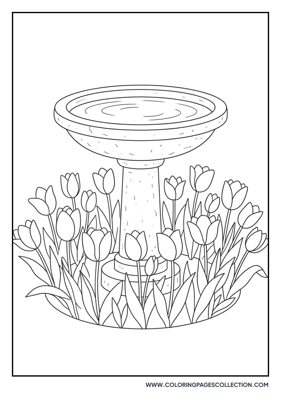 Tulips and a Garden Birdbath
