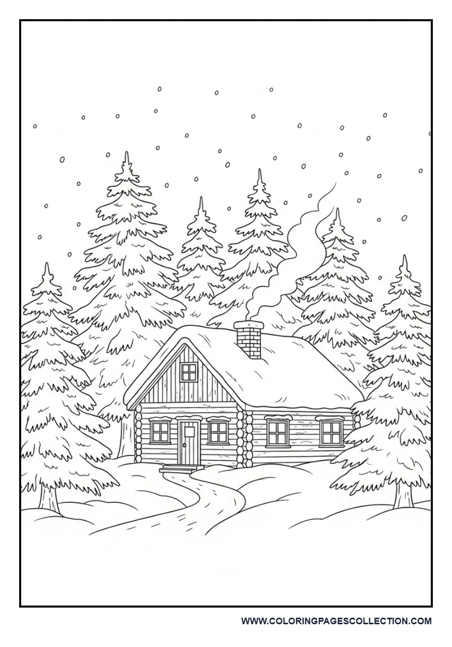 Snowy Cabin in Forest
