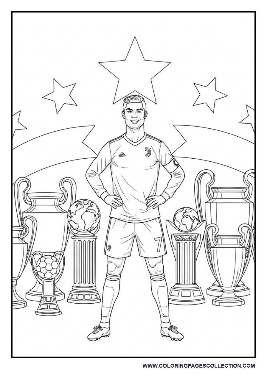 Cristiano Ronaldo Standing with Multiple Trophies