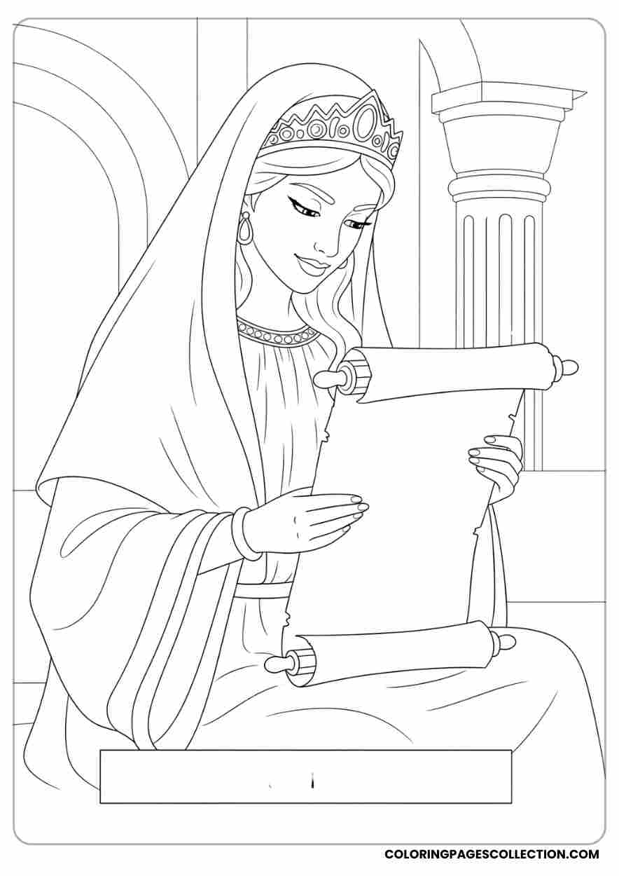 Esther reading , Coloring page, coloring sheet, queen esther coloring pages,