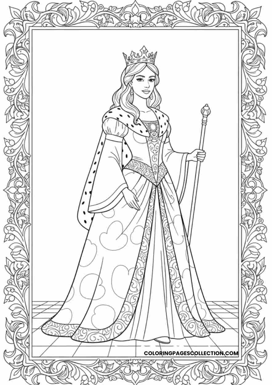 Esther standing brave with crown and scepter, Coloring page, coloring sheet, queen esther coloring pages,