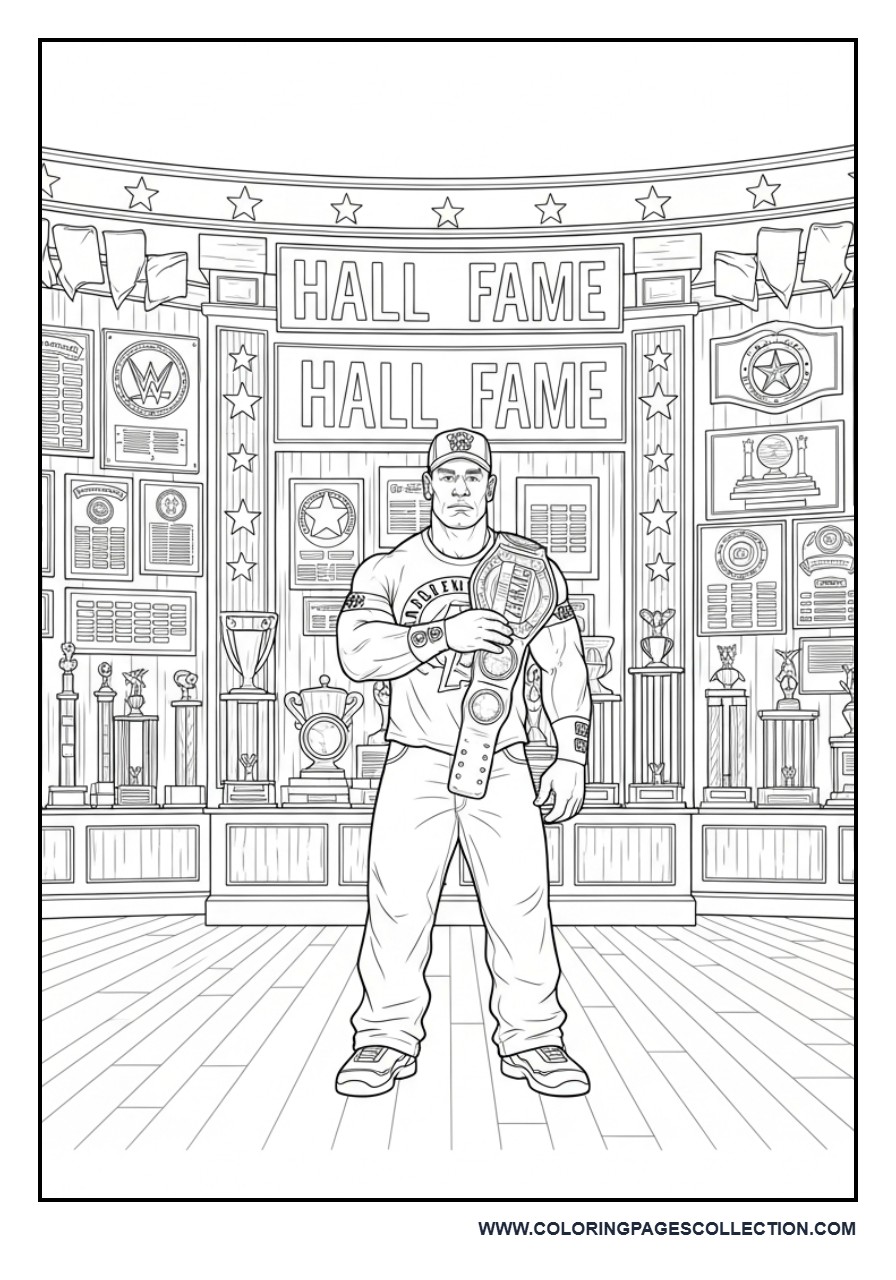 John Cena Standing Beneath a Hall of Fame Wall