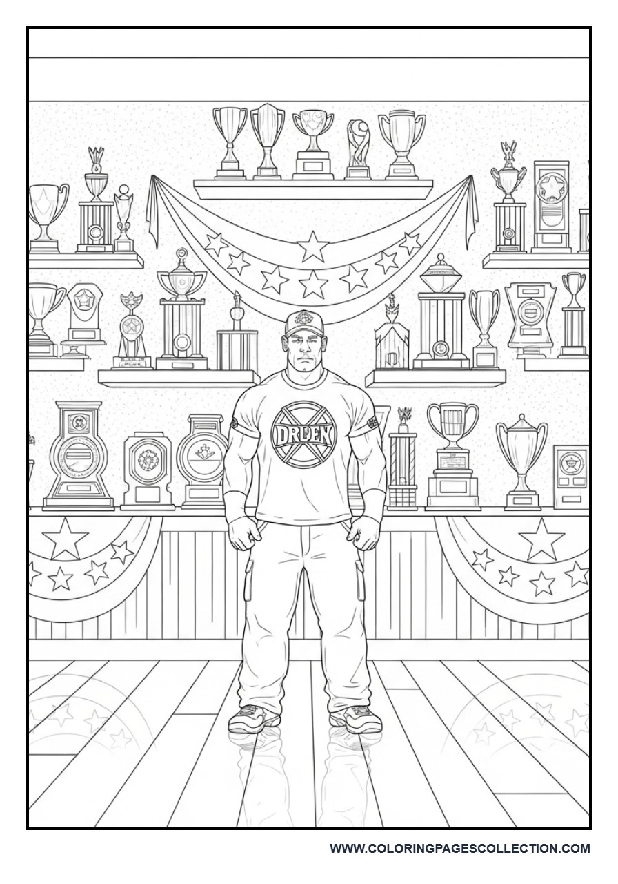 John Cena Standing in Front of a Trophy Wall