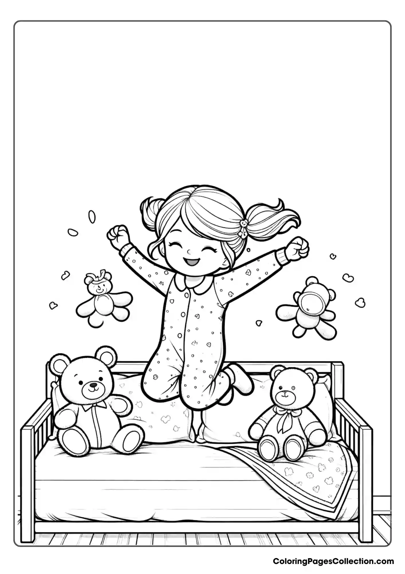 Little Girl Jumping On A Bed With Teddy Bears