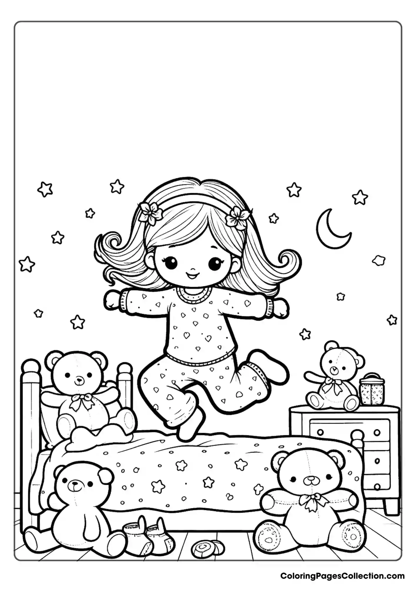 Little Girl Jumping On A Bed With Teddy Bears