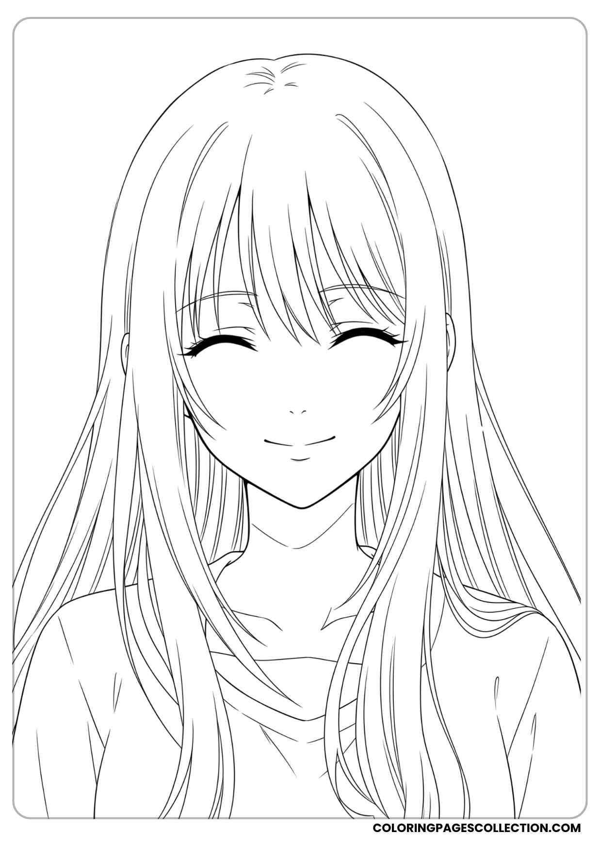 anime girl with very long straight hair flowing over her shoulders, smiling softly coloring page