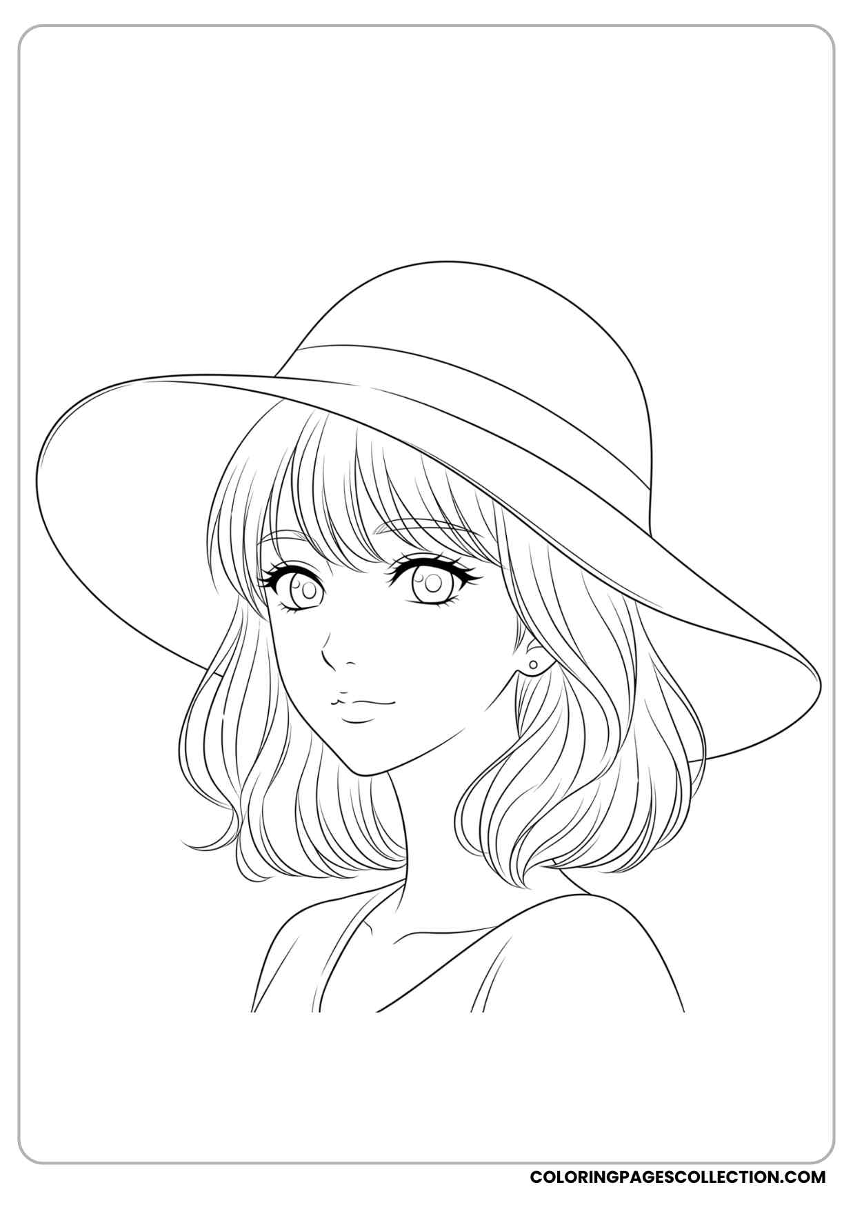 anime girl with soft wavy hair wearing a sun hat coloring page