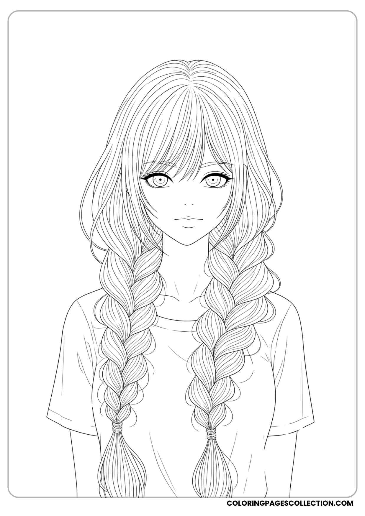 anime girl with extremely long hair braided to the front coloring page