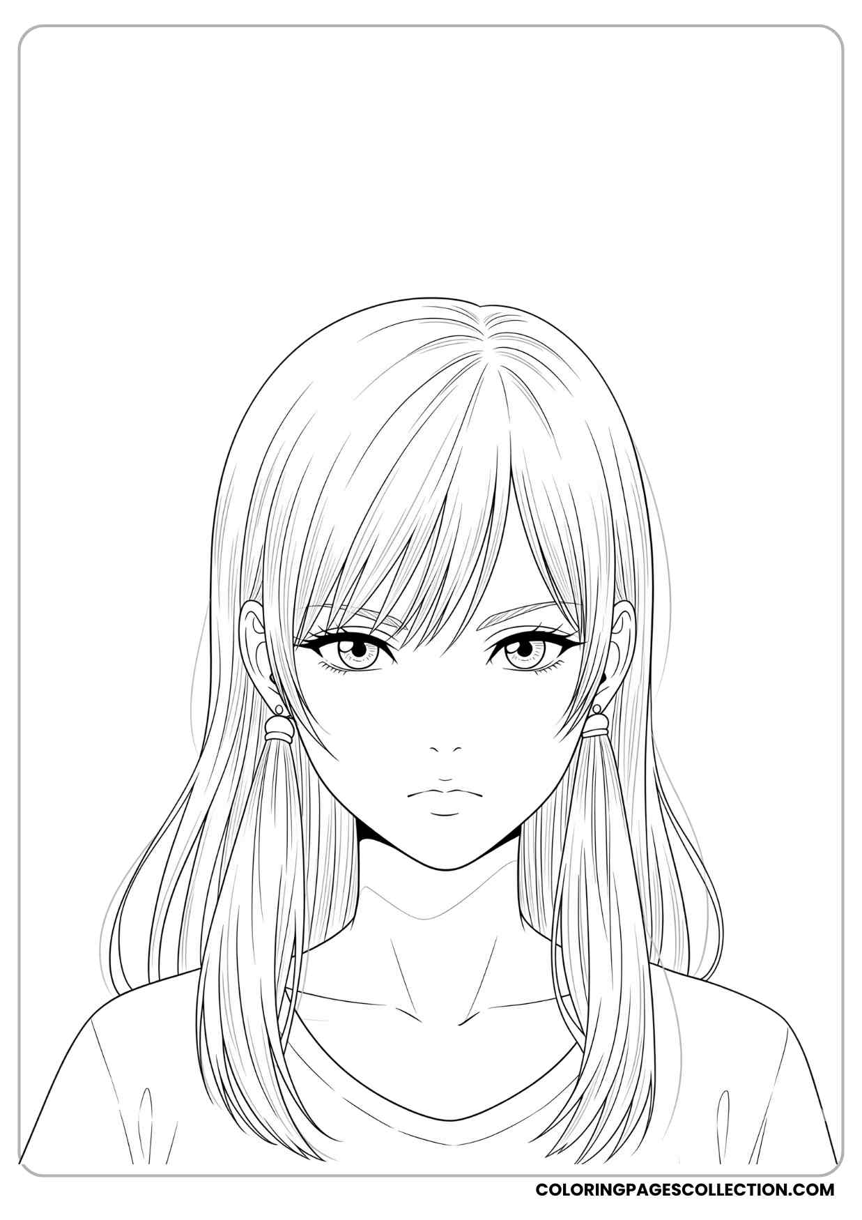 anime girl with silky hair flowing down both shoulders, serious expression coloring page