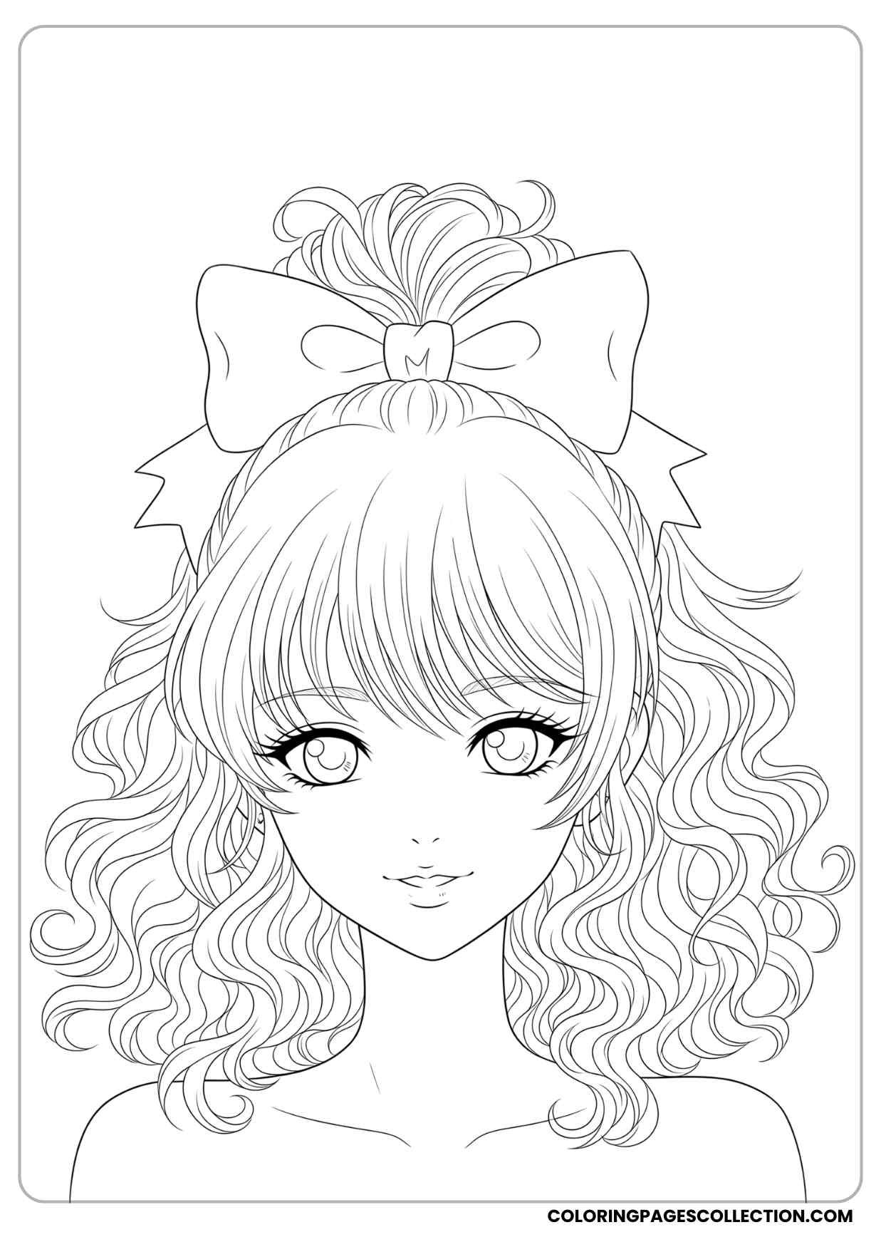 anime girl with fluffy curly hair tied with a big bow coloring sheet