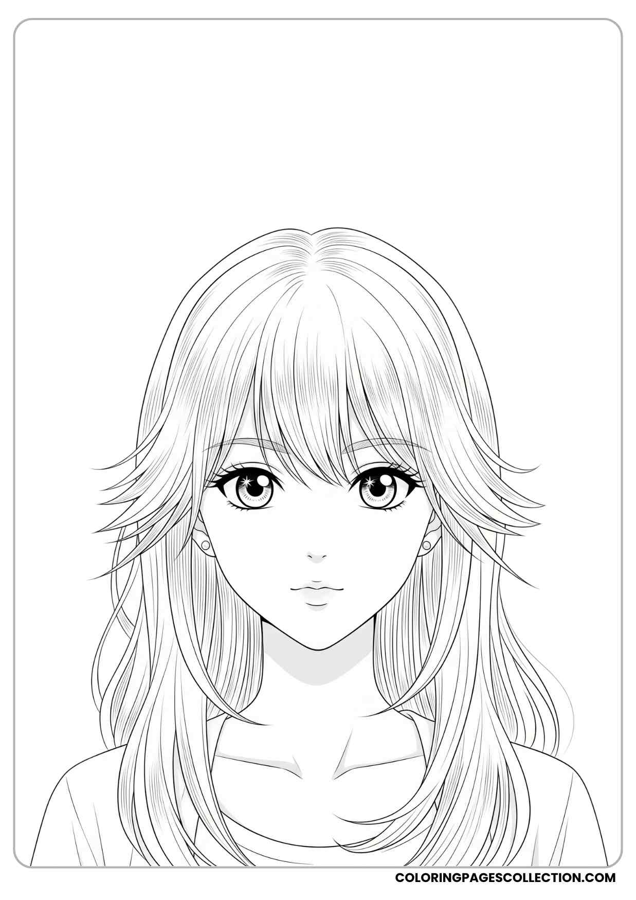 anime girl with layered long hair and sparkling wide eyes coloring page