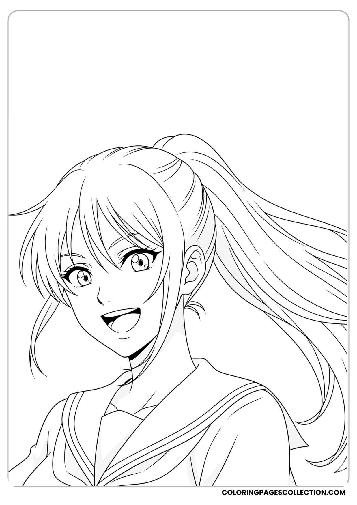 anime girl with long ponytail hair and bright smile coloring page