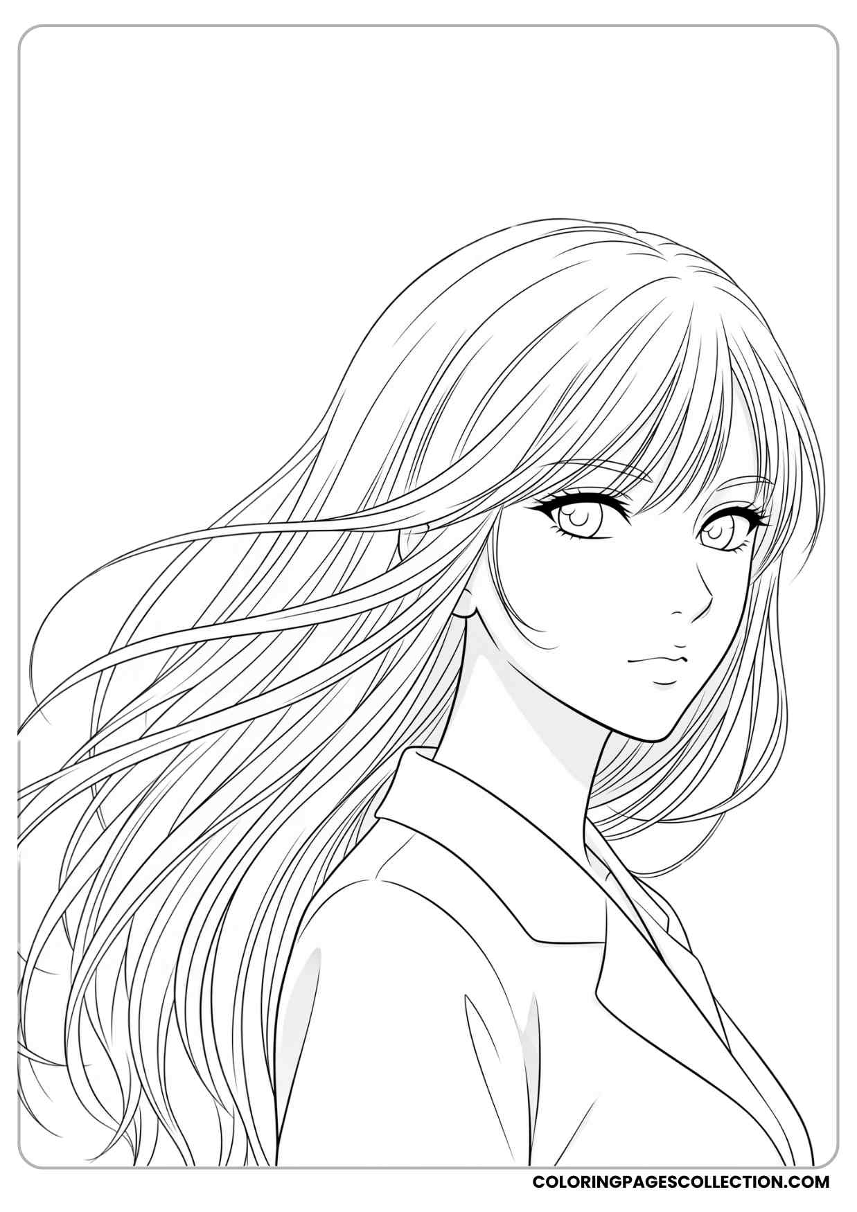 anime girl with cascading hair blowing gently to one side coloring page