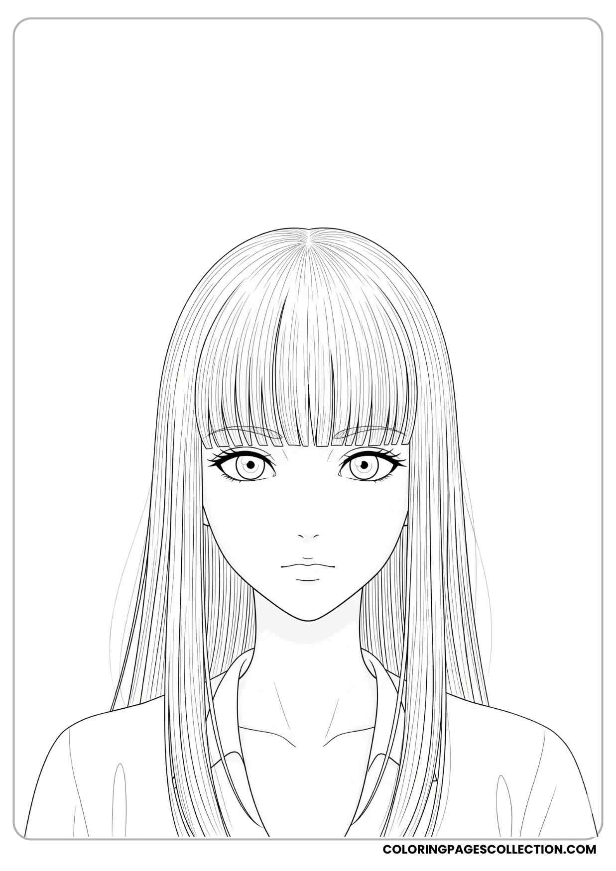 anime girl with very long straight bangs framing her face coloring page