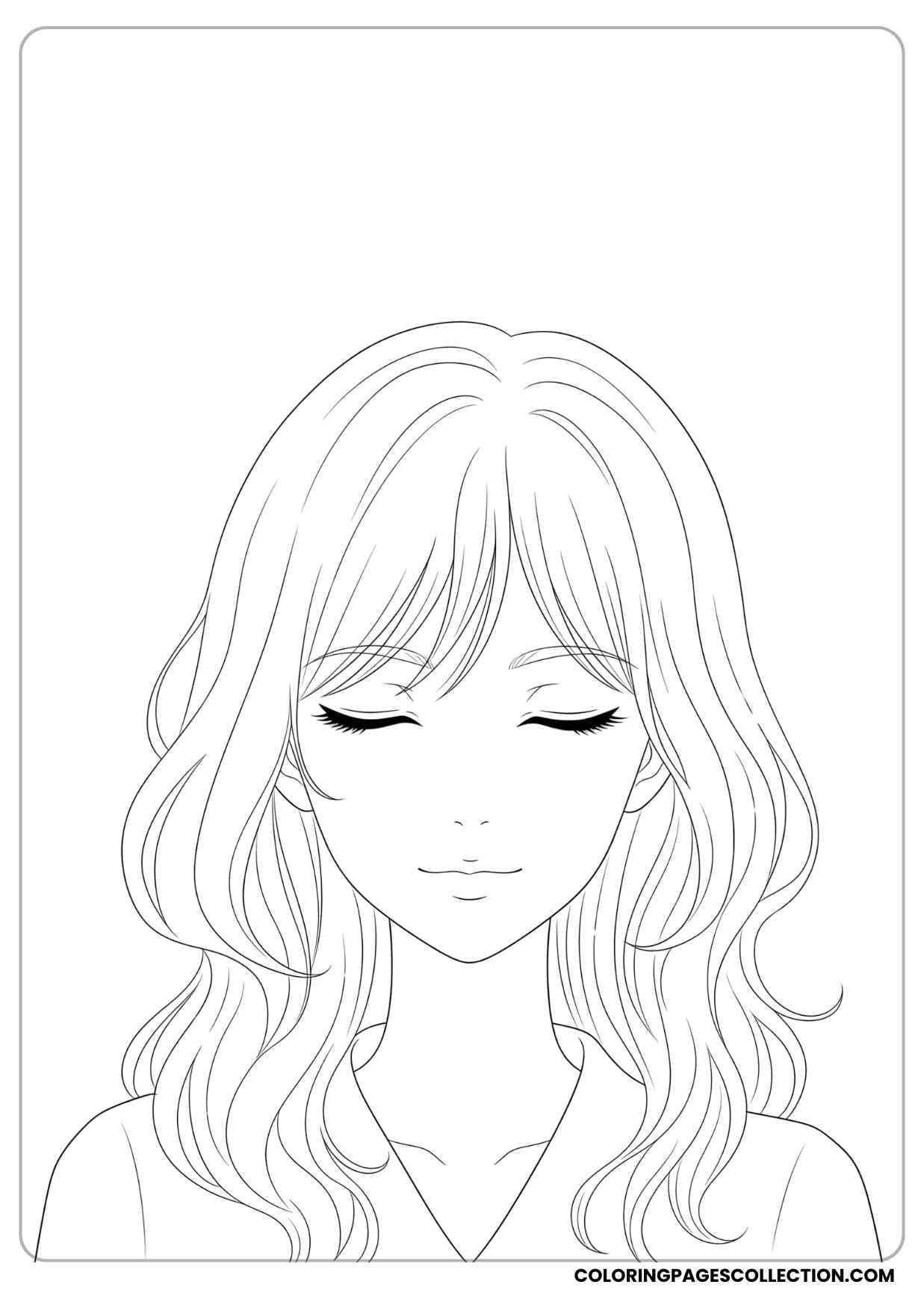 anime girl with long wavy hair, closed eyes and calm expression coloring page