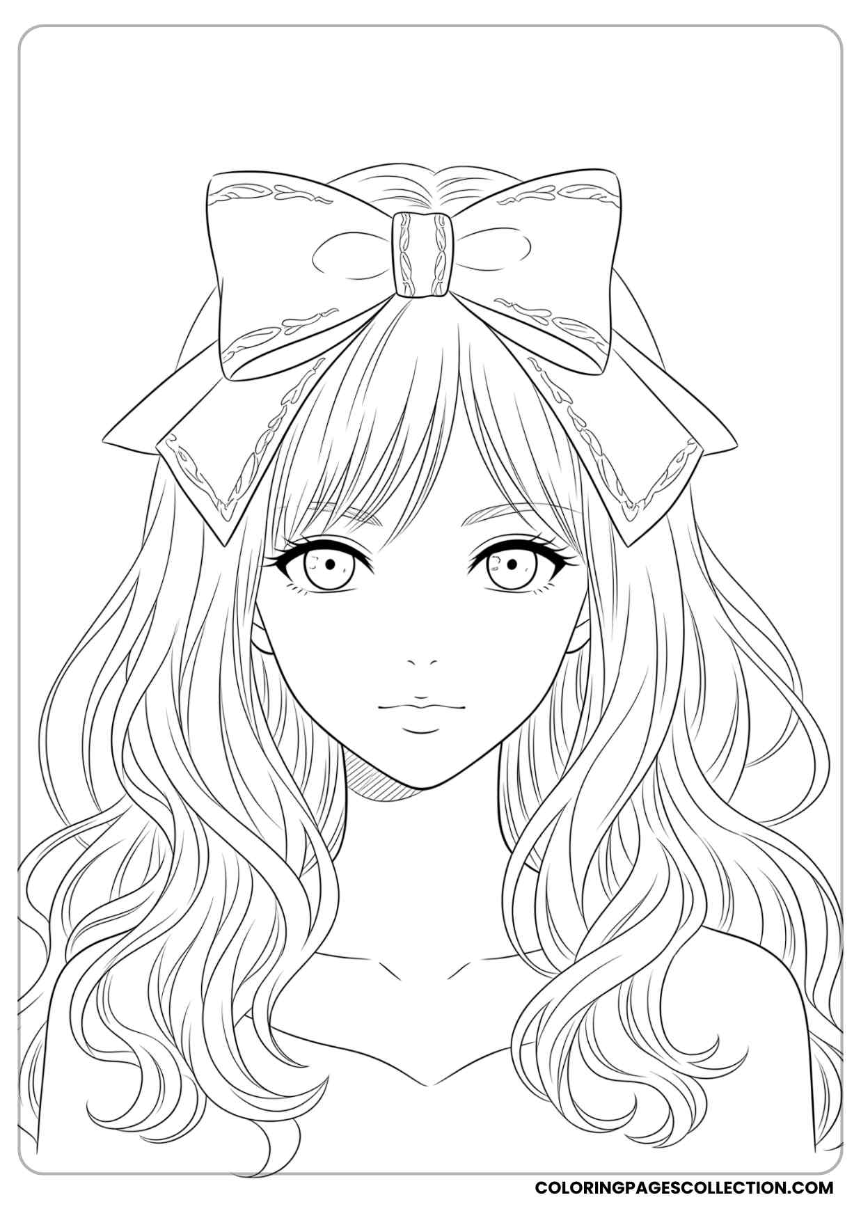 anime girl with wavy long hair wearing a bow on her head coloring page