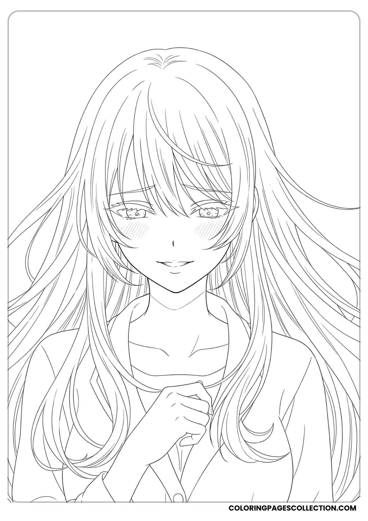 anime girl with voluminous long hair and shy smile coloring page