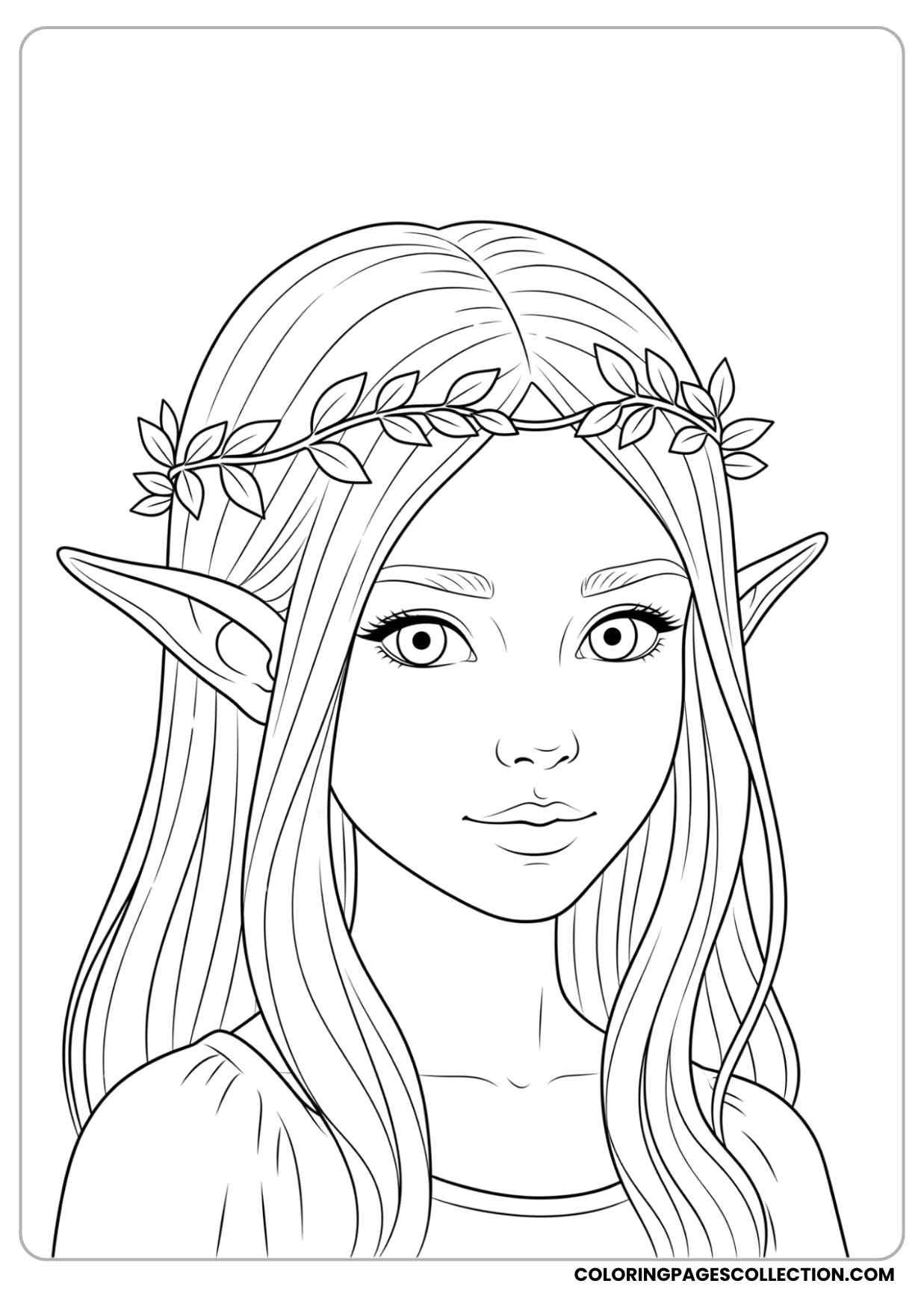 elf girl with long pointed ears and flowing hair, wearing a delicate crown of leaves coloring page