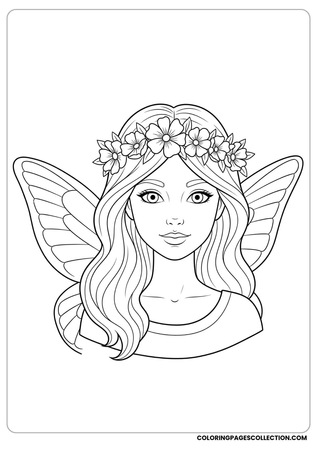 fairy girl with butterfly wings folded behind her, long wavy hair, wearing a flower crown coloring page