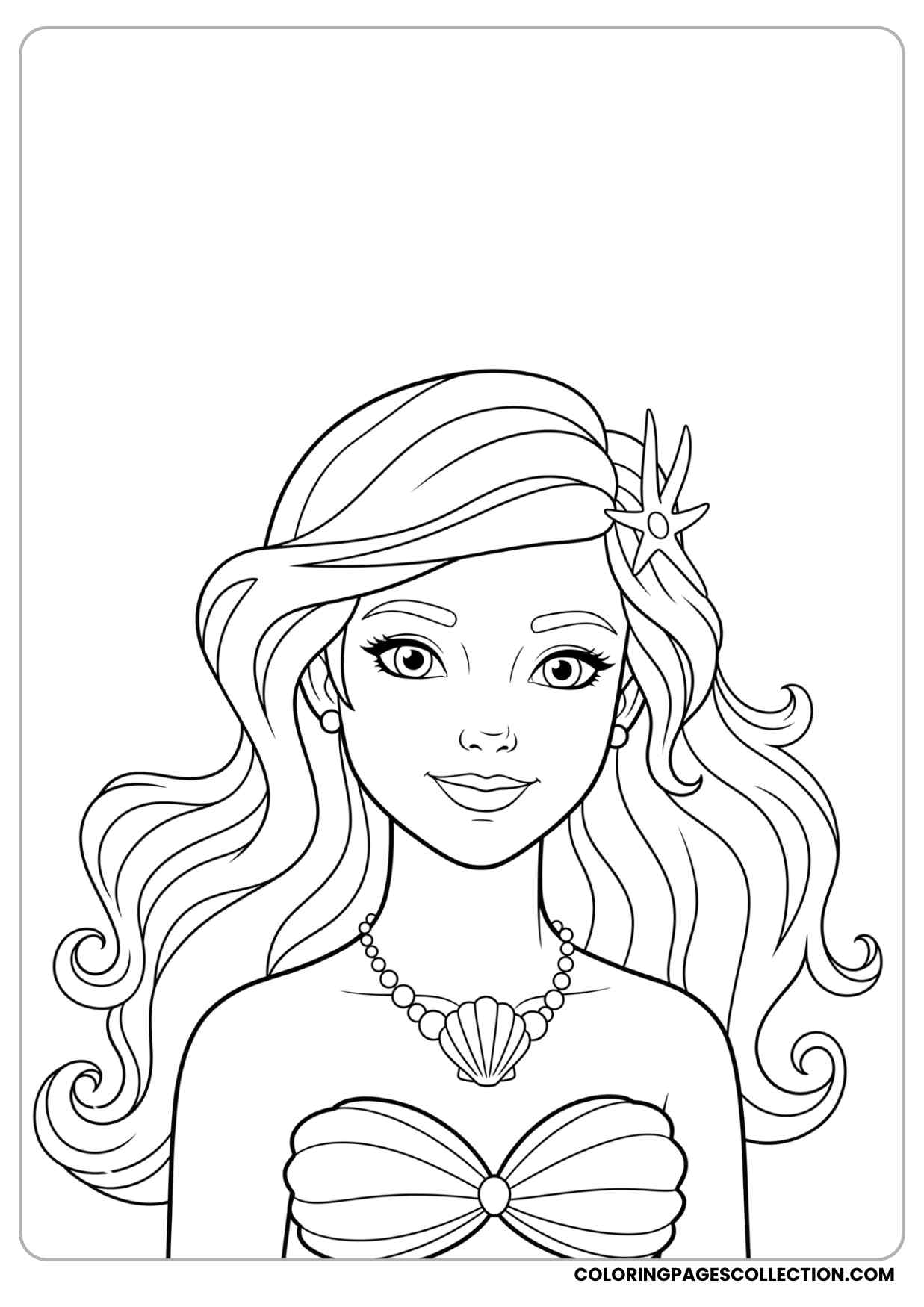 mermaid girl with seashell necklace, long curly hair flowing around her shoulders, smiling softly coloring page