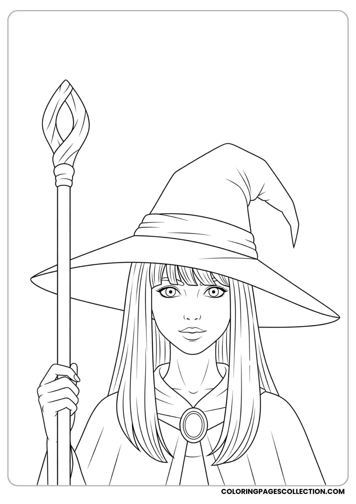 sorceress girl with staff held upright, wearing a wide pointed hat, long straight hair falling around her face coloring page