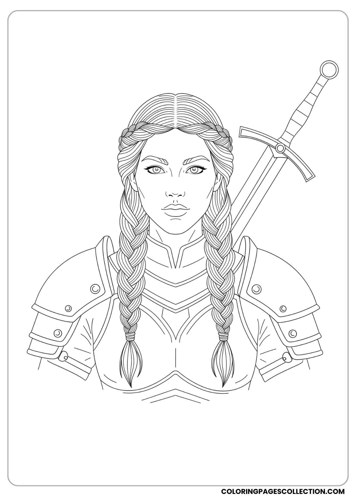 warrior princess girl with braided hair, holding a sword on her shoulder, wearing armor coloring page