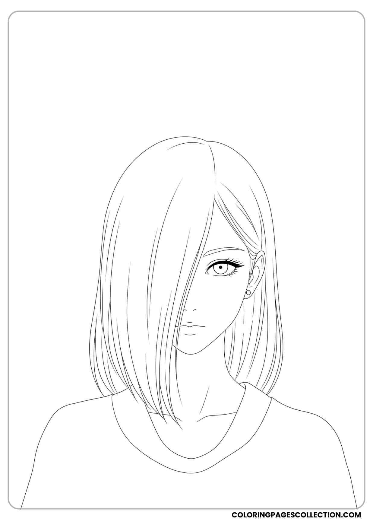 anime girl with sleek straight hair covering one eye coloring sheet