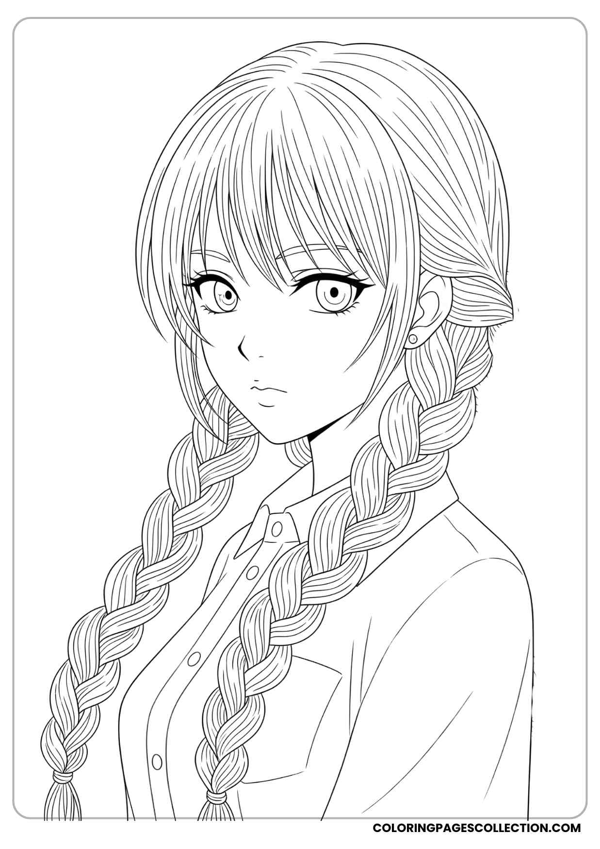 anime girl with very long braided hair resting over her shoulders printable coloring page