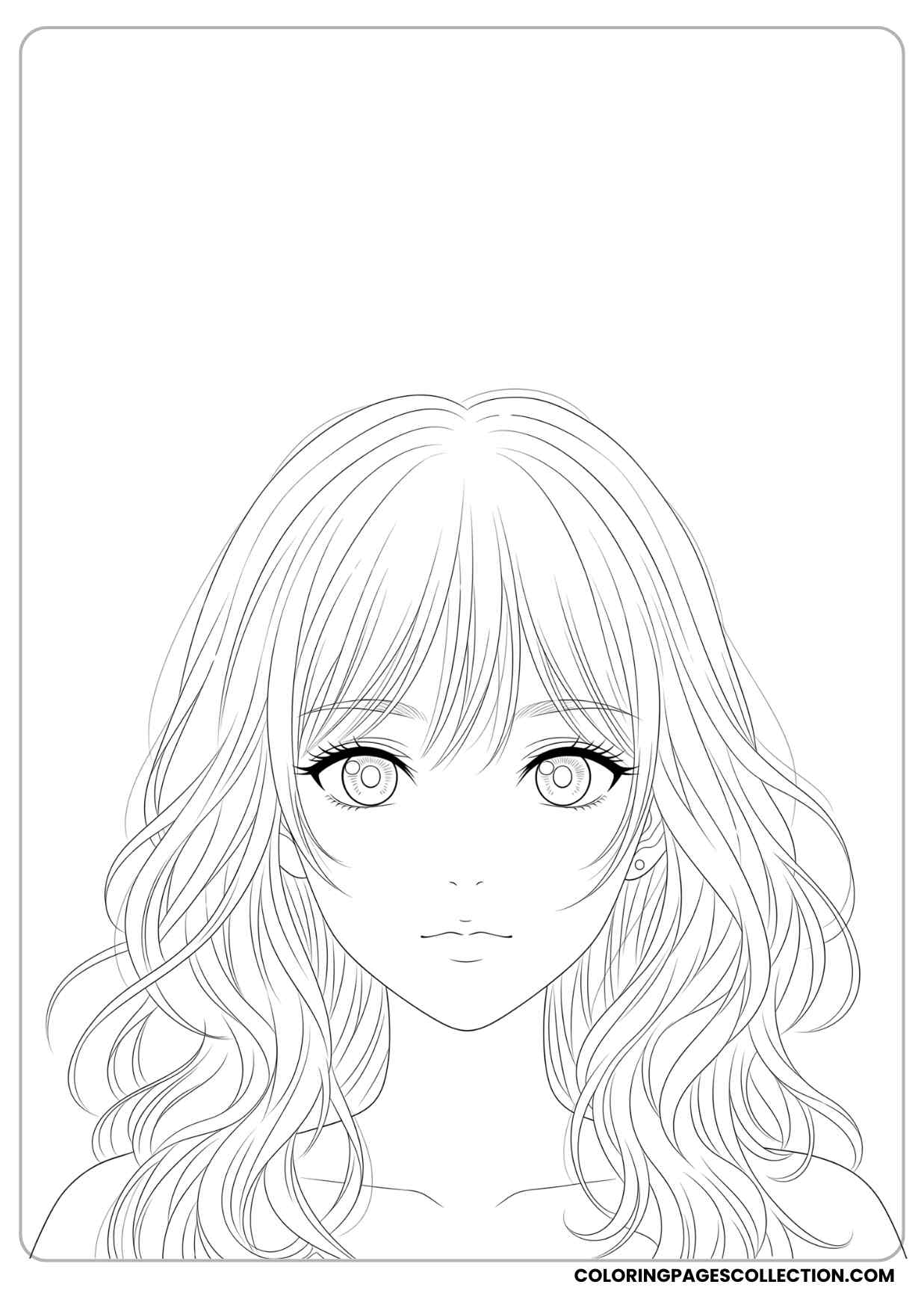 anime girl with loose flowing hair and large sparkling eyes coloring page