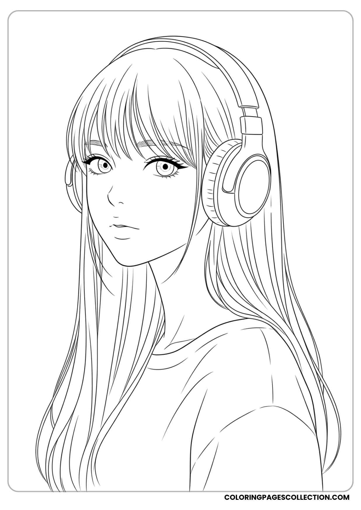 anime girl with long straight hair and headphones coloring page