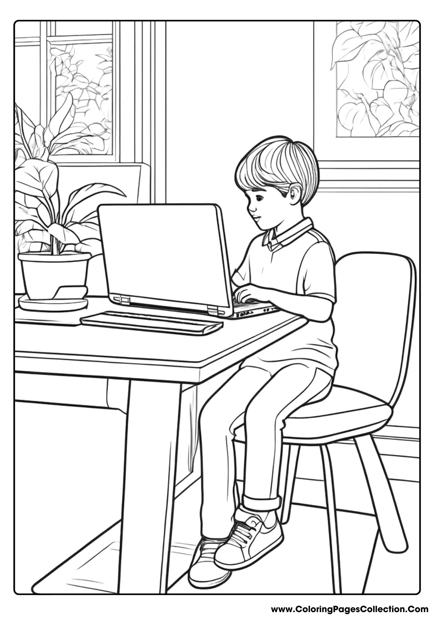 Computer coloring pages, Boy Typing something on Computer