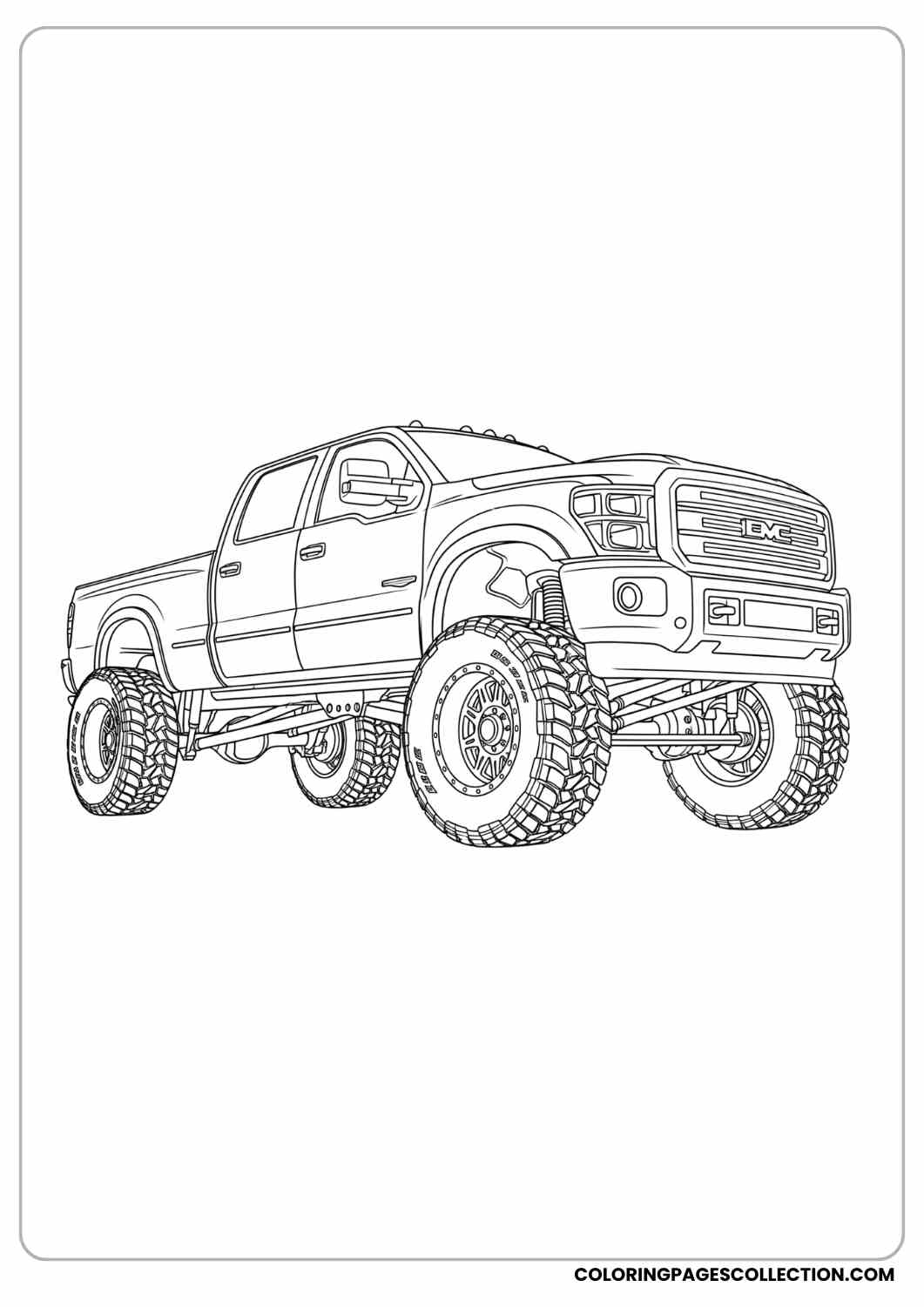 Big lifted diesel truck parked at an angle, large tires coloring page