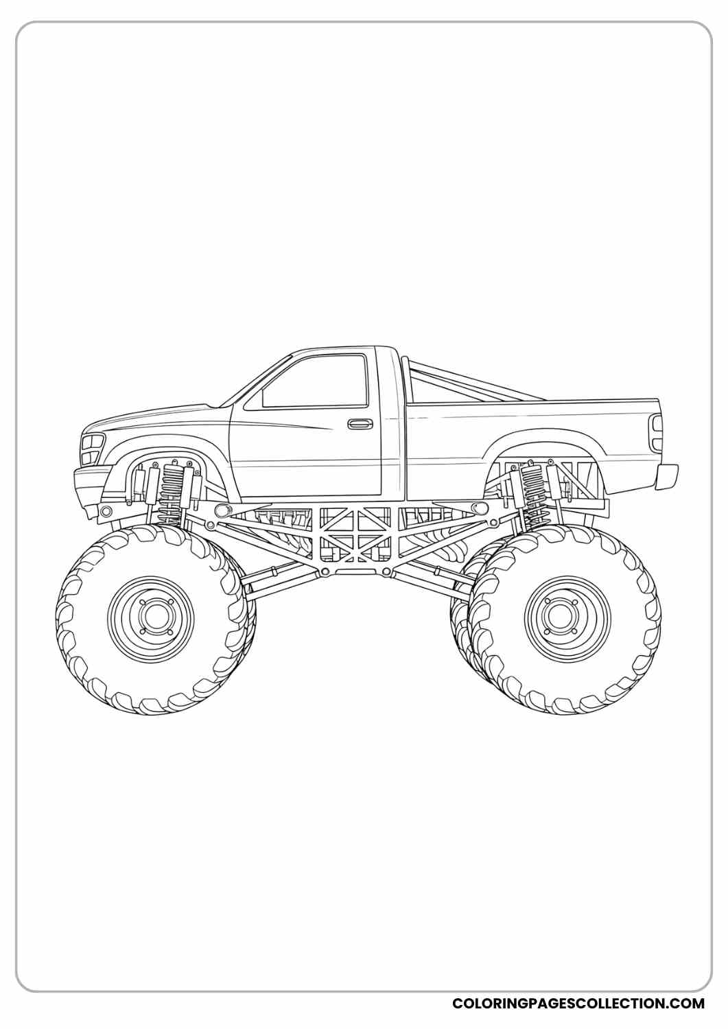 Truck parked in profile with oversized suspension and big tires coloring page