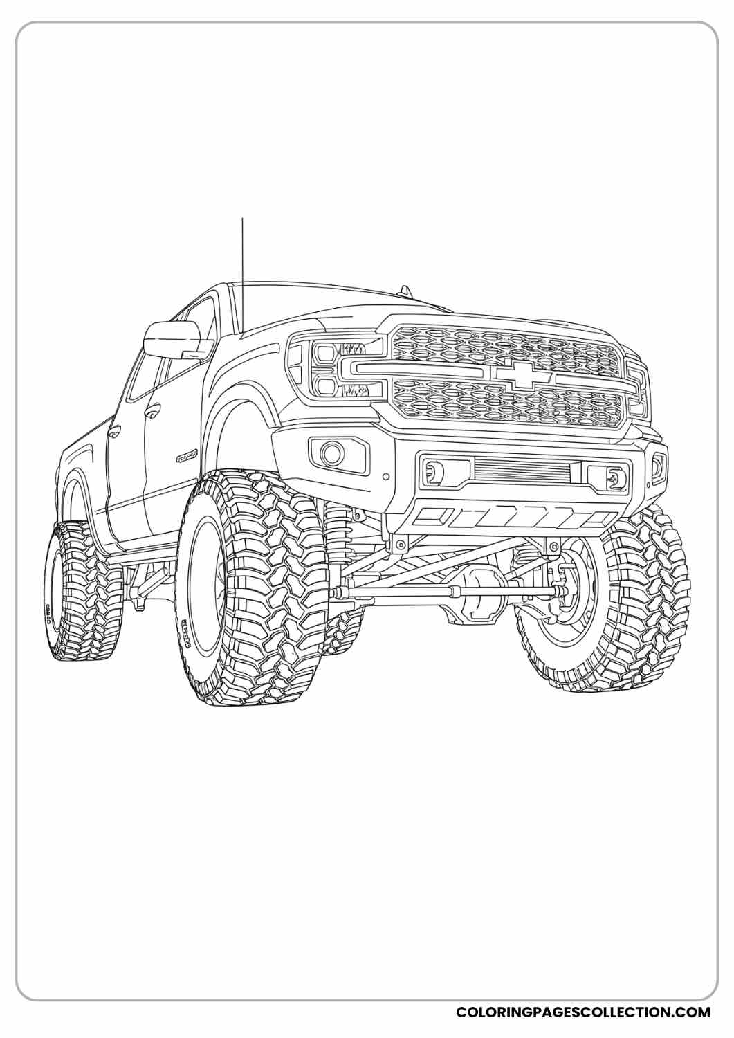 Lifted pickup truck with mud tires, front grill detailed coloring page