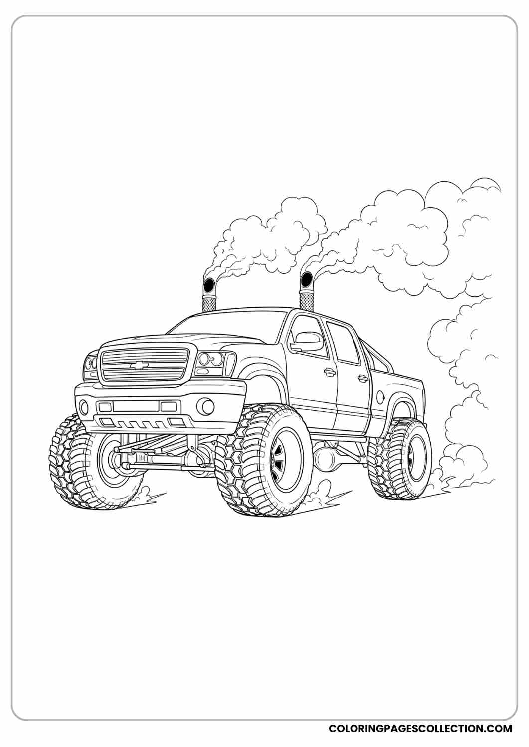 Lifted pickup truck driving forward, oversized wheels, smoke stacks on back coloring page