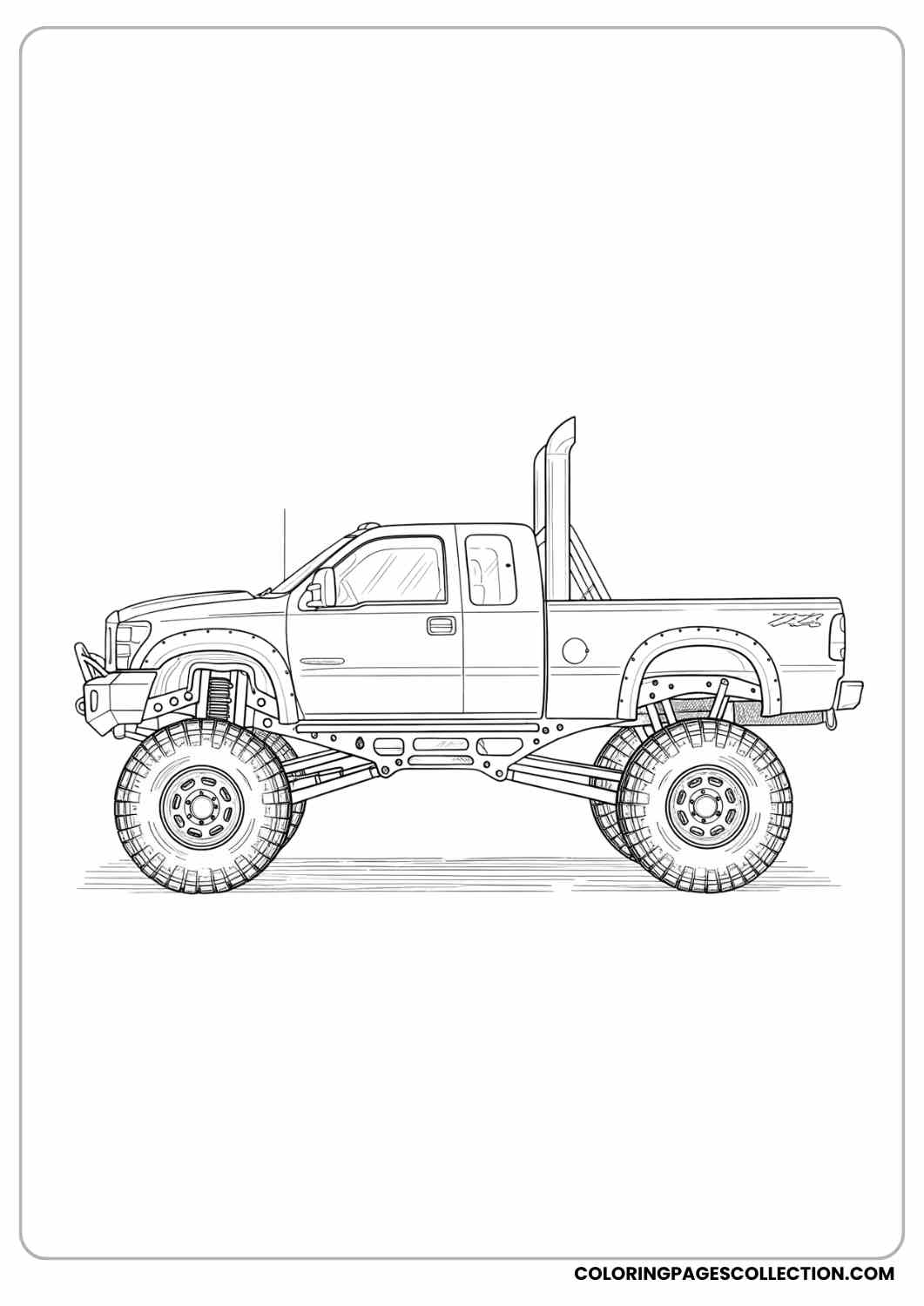 Diesel pickup truck with lift kit, smoke stacks, bold tires coloring page