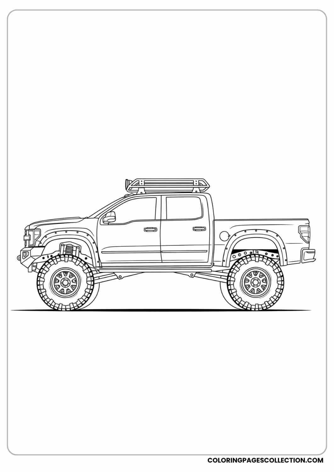 Lifted diesel truck with roof rack and big tires, side view coloring page